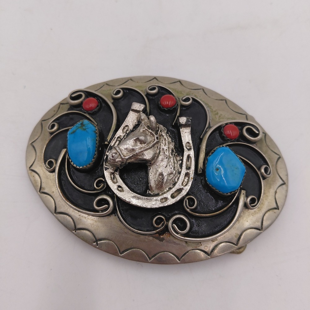 Vintage Western Horse Head Horseshoe Belt Buckle Coral Tones turquoise Colored